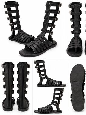 Black Leather Gladiator Knee-High Strappy Sandals